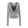 Camiseta de Manga Larga con Cuello Oscilante de Dos Piezas Falsas en Bloque de Color de Moda para Mujer, Otoño Nuevo Top de Capa Base Ajustado