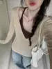 Toma real: Top de otoño estilo coreano de puro deseo con escote en V y tirantes, camiseta interior versátil de manga larga informal de corte holgado para mujer 18953
