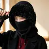 Novo chapéu de peça única de tricô quente com forro de fleece transfronteiriço para mulheres, chapéu de lã integrado com proteção para as orelhas e aquecedor de pescoço de inverno, chapéu à prova de vento para atividades ao ar livre