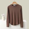 Camiseta de manga larga con cuello redondo para mujer, otoño e invierno, color liso, base, dobladillo de arco, interior con hilo superpuesto, parte superior gruesa