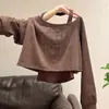 Moletom Diagonal de Manga Longa Off-Shoulder com Gola Diagonal e Ombro Diagonal, Estilo Americano, Estampa de Letras, Conjunto de Duas Peças para Primavera e Outono com Top de Alcinha