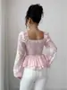 Blusa floral de jacquard para mujer transfronteriza, nuevo estilo de primavera, escote cuadrado, mangas abullonadas, espalda fruncida, dobladillo con volantes y cintura ajustada