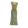 Vestido Sexy de Hombro Caído Arrugado Estilo Europeo y Americano Verano Nuevo Delgado Sin Hombros Adelgazante Ceñido a la Cadera con Abertura Falda Larga