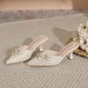 Estilo francês elegante laço pontiagudo stiletto salto alto sapatos de camada única para as mulheres Verão novo estilo low-cut costas sandálias vazias para as mulheres