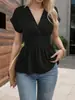 Vestido de Manga Corta con Pliegues, Cintura Ajustada, Color Sólido, Cuello en V, Nuevo, para Mujer, Primavera/Verano 2025, Sitio Independiente de Amazon, Transfronterizo Europeo y Americano