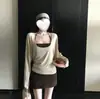 Conjunto de top casual estilo coreano de talla grande, nuevo estilo, cuello halter de deseo puro, manga larga, con falda pantalón de cintura alta para mujer