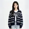 Cárdigan de punto a rayas con lazo de bufanda de seda estilo coreano para mujer, estilo suave de principios de otoño, cuello redondo, abrigo corto de punto de un solo botón