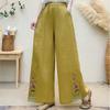 Calça Wide Leg Bordada Artística de Linho Vintage Feminina Verão Fina Solta Estilo Chinês Cintura Alta Calça Casual de Algodão e Linho