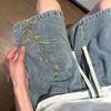 Pantalones cortos vaqueros bordados con bambú de estilo nacional chino para hombre, pantalones casuales lavados de verano para parejas
