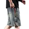 2025 Shorts de Mezclilla Sueltos Personalizados con Cordón Estilo Retro Americano para Hombre Verano Nuevo Estilo Pantalones de Cinco Puntos Sueltos Elegantes