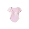 Camiseta de Verano Estilo Puro Deseo con Cintura Delgada y Cuello en U para Mujer, Dobladillo Curvo, Top Ajustado de Manga Corta, Camiseta Base Corta