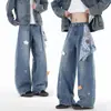 Cachecol Xadrez com Urso Bordado Estilo Americano Jeans Denim para Homens, Marca Tendência Primavera e Verão Calças Casuais Largas Flare para Casal