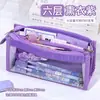 Estojo Transparente de 6 Camadas de Grande Capacidade com Múltiplos Compartimentos, Estojo de Lápis de Alto Valor para Estudantes, Bolsa de Armazenamento Específica para Provas, Material de Papelaria