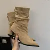 Botines de Tobillo de Piel de Ante Retro Coreanos con Punta Fina para Mujer 2026 Otoño/Invierno Nuevos Botines Acordonados Plegados Botas de Tacón Alto Delgado Elegantes