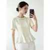 Blusa Elegante de Verão para Mulheres, Estilo Francês, Resistente, com Pedrarias Strass, Gola Redonda, Manga Curta, Babados, Cor Damasco, Corte Ajustado