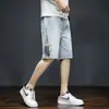 Pantalones cortos de mezclilla para hombre, verano finos holgados bordados hasta la rodilla, de trabajo modernos, versátiles casuales de longitud media