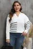 Roupas plus size femininas europeias e americanas, novo suéter de tricô listrado color block de outono e inverno, pulôver solto com gola polo