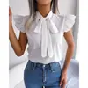 Amazon Aliexpress 2023 Nueva Camisa de Verano Europea y Americana de Color Puro con Lazo Simple y Manga Corta