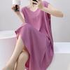 Camisón de seda de algodón para mujer, suelto, largo medio, sin mangas, para uso doméstico, pijama con espalda descubierta y falda con escote en V doble