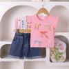 Trajes de Verão Populares Fofos para Meninas Pequenas e Médias da Amazon Europeia e Americana para 2025 com Mangas Flutuantes Camisetas de Manga Curta + Shorts Jeans