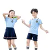 Roupa de Jardim de Infância Conjunto de Manga Curta Estilo Britânico Infantil Infantil Infantil Infantil Uniforme Escolar para Meninos e Meninas Conjunto Azul de Duas Peças