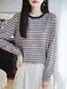 Top de punto de manga larga a rayas para mujer de principios de otoño, diseño clásico de bloques de color, suave y cómodo, corte ajustado y favorecedor