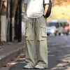 Calça cargo estilo americano com bolsos grandes e tiras soltas, calça funcional masculina de outono da moda com perna reta, cordão e design casual de perna larga