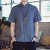 Camisa de linho de manga curta masculina, estilo chinês, camisa de verão de algodão e linho, meia manga, casaco vintage com fivela, blusa solta plus size