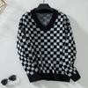 Suéter de Gola V com Listras Tartan Feminino Tricô Europeu e Americano Outono e Inverno Novo Casual Solto Manga Longa Tricô Transfronteiriço