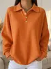 Camiseta polo versátil de manga comprida, cor sólida, gola dobrável, corte solto, nova para outono e inverno de 2025, transfronteiriça europeia e americana, waffle, feminina