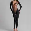 Conjunto de Verão Europeu e Americano Transfronteiriço Novo Estilo Sexy Decote Baixo Manga Longa para Yoga Calça Longa de Cintura Alta Modeladora Transparente Macacão