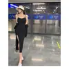 Conjunto de Vestido Sexy com Suspensório Estilo Europeu e Americano para Mulheres, Saia Bodycon com Fenda Lateral, Cardigã Longo Slim Conjunto de Duas Peças