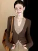 Cardigan Suéter de Tricô Gola V Halter Falso Duas Peças Outono Roupa Feminina 2026 Novo Estilo Quente Camada Base Top Interno