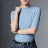 Camiseta de malha base gola alta 100% imitação de lã pura para mulheres, manga média, padrão espinha de peixe, suéter slim fit, top para camada interna