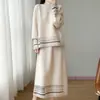 Conjunto de Dos Piezas de Suéter de Punto Jacquard Hueco de Cuello Redondo Engrosado de Lana Pura Vintage Nuevo de Invierno y Falda Larga