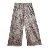 Calça Feminina Yu Yi Vintage Estampa de Leopardo Cordão Perna Larga Elástico Cintura Baixa Solta Perna Reta Comprimento Total Casual c2983