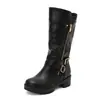 Botas femininas europeias e americanas para outono e inverno, com fivela de cinto, decoração de zíper, salto grosso, botas de montaria sem cadarço, botas de cano médio t60