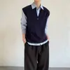 Colete tricotado azul escuro com decote V masculino outono estilo retro japonês universitário para sobreposição camisola toque de alta qualidade casaco suéter