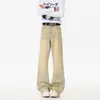 Calça jeans Scimitar com estampa de bambu, lavagem especial para homens e mulheres, estilo americano casual, corte reto e moderno.