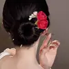 Pinza para el Cabello en Forma de U con Flor de Rosa Blanca Luna Suave con Cheongsam de la Dinastía Han Chinoiserie Pinza para el Cabello Accesorios de Lujo para el Cabello Tocado