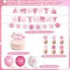 Castelo de Gelo Rosa Festa de Aniversário Conjunto Bandeirola de Flocos de Neve Balões de Látex Toppers para Bolo Decoração de Aniversário para Menina