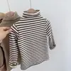 Camiseta Térmica de Terciopelo Grueso para Niños Cuello Semi Alto de Terciopelo Alemán Manga Larga Rayas Ropa de Otoño e Invierno para Niños y Niñas Tops de Cuello Alto