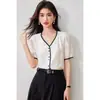 Camisa de Mujer Estilo Francés con Cuello en V y Mangas Cortas, Bordado y Diseño de Color Contrastante, Top Único para el Trabajo, Camisa Elegante, Estilo Versátil