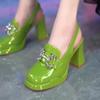 Zapatos Sexy de Charol con Pedrería y Hebilla Metálica para Mujer, Tacón Grueso, Plataforma con Espacio Trasero, Sandalias Nuevas 2023