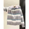 Suéter de tricô listrado com gola V e botões estilo coreano para mulheres, primavera e outono, meio botão, solto, casual, top preguiçoso
