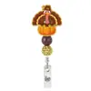 Porta-credencial acrílico con cuentas temático de Acción de Gracias, con diseño giratorio y retráctil, con diseños de calabaza, pavo y gato
