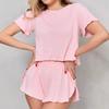 Conjunto Tricotado Vazado Respirável Europeu e Americano Transfronteiriço Pijama Sexy Solto de Manga Curta Shorts Duas Peças Roupa de Casa para Mulheres