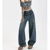 Jeans de perna larga com design patchwork personalizado em estilo retrô americano para mulheres, novas calças retas largas emagrecedoras nostálgicas para primavera e outono