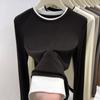 Nueva Camiseta Base Auto-calentable de Felpa Color Contrastante Falsa Dos Piezas para Mujer Otoño e Invierno Manga Larga Primavera y Otoño Cuello Redondo