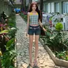 Jeans de cintura baja de estilo retro americano de moda nuevos de verano, shorts ajustados al cuerpo con textura, elásticos y bordados, estilo 'Hot Girl'